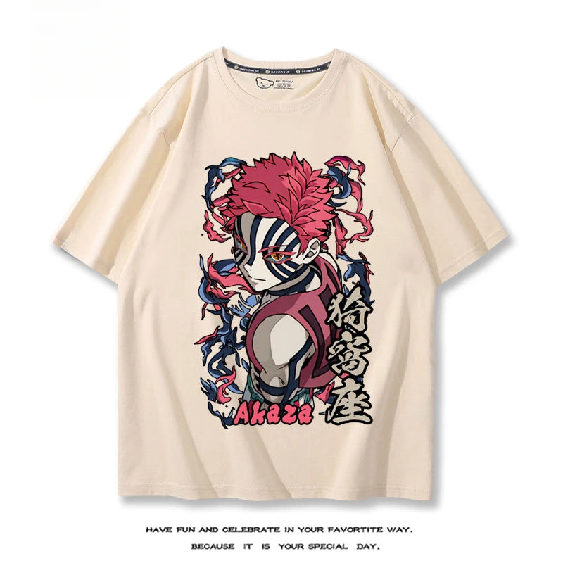 Hot Anime Demon Slayer Akaza Printed 100% Cotton T-Shirt Summer Outdoor Casual Comfortable Trendy Street Men's