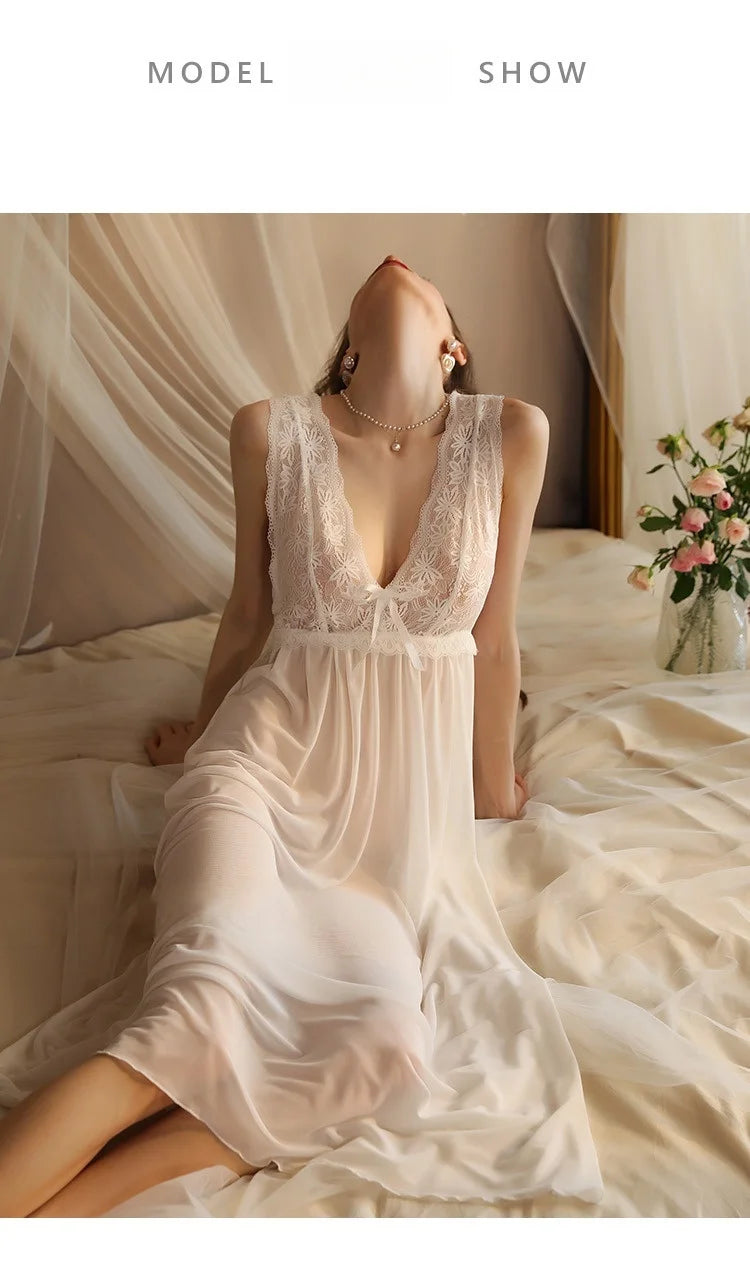 2025 Sheer Mesh Chemise Nightgown Adjustable Straps Full Length Lingerie Set Comfort Stretch Women Sleepwear Night Dress Woman