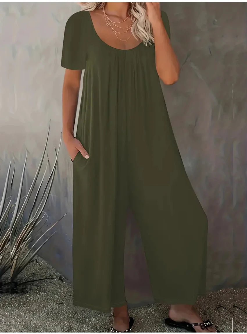 Plus Size 0XL-5XL Summer Rompers Overalls Women's Solid Color Jumpsuit with Pockets Casual Fashion Short Sleeve Jumpsuits