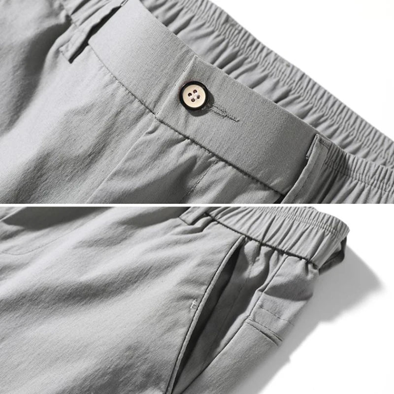 Men Ice Silk Casual Suit Pants Male Slim Fit Korean Style Blazer Pants Summer Thin Ankle Length Cropped Light Gray Trousers