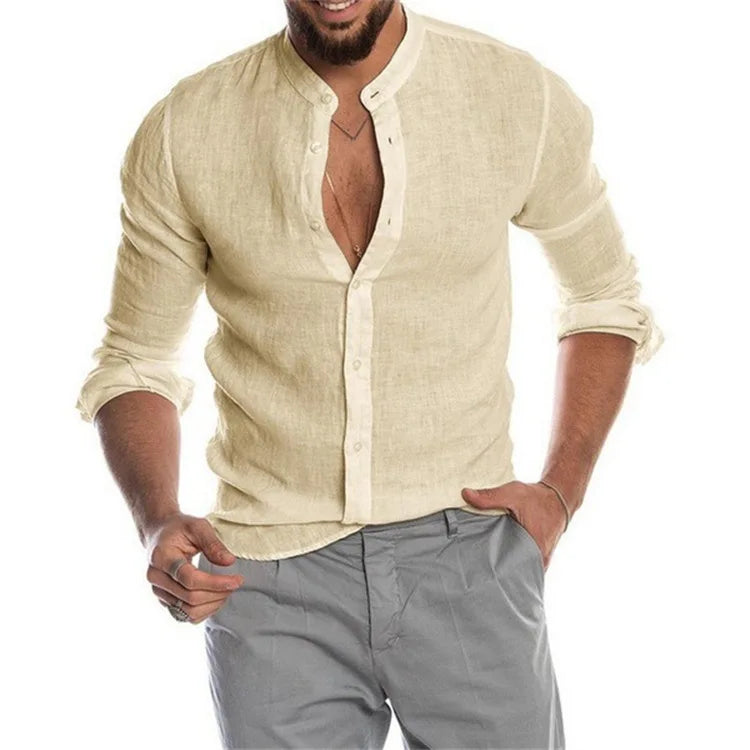 2023 New Men's Solid Color Linen Long Sleeve Shirt Stand Collar Cardigan Long Sleeve Loose Men's Shirt