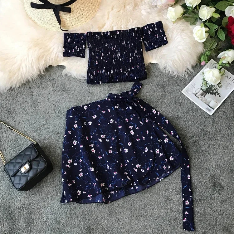 Summer Floral Fashion 2 Piece Sets Women Slash Neck Off Shoulder Shirt Crop Top&High Waist Mini Skirt Small Girl 2pc Dress Suits