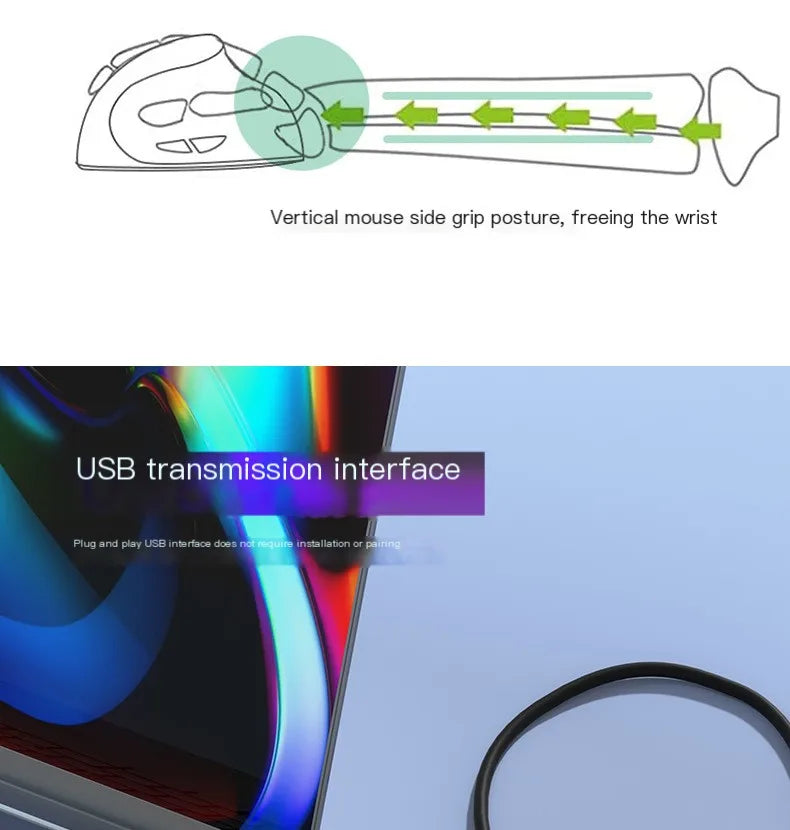 Wired Vertical Mouse Low Noise Button Ergonomics Design 3600 DPI Adjustable With Finger Support Mause Office Use Or Play Game