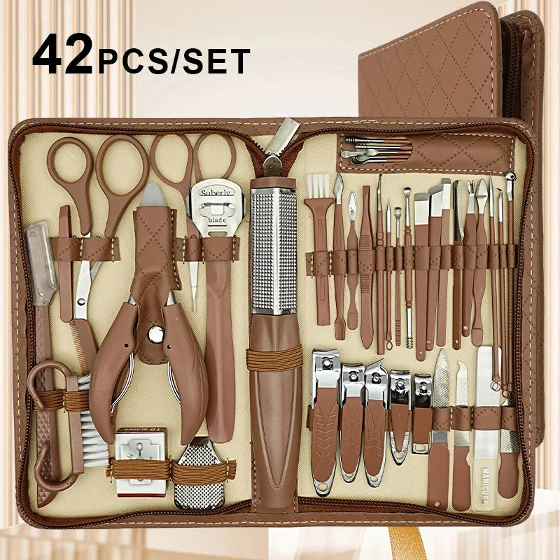 Manicure Stainless Steel 42 in 1 Travel kit Diamond Pattern Zipper Large Eagle Mouth Pliers Pedicure Knife idea gift