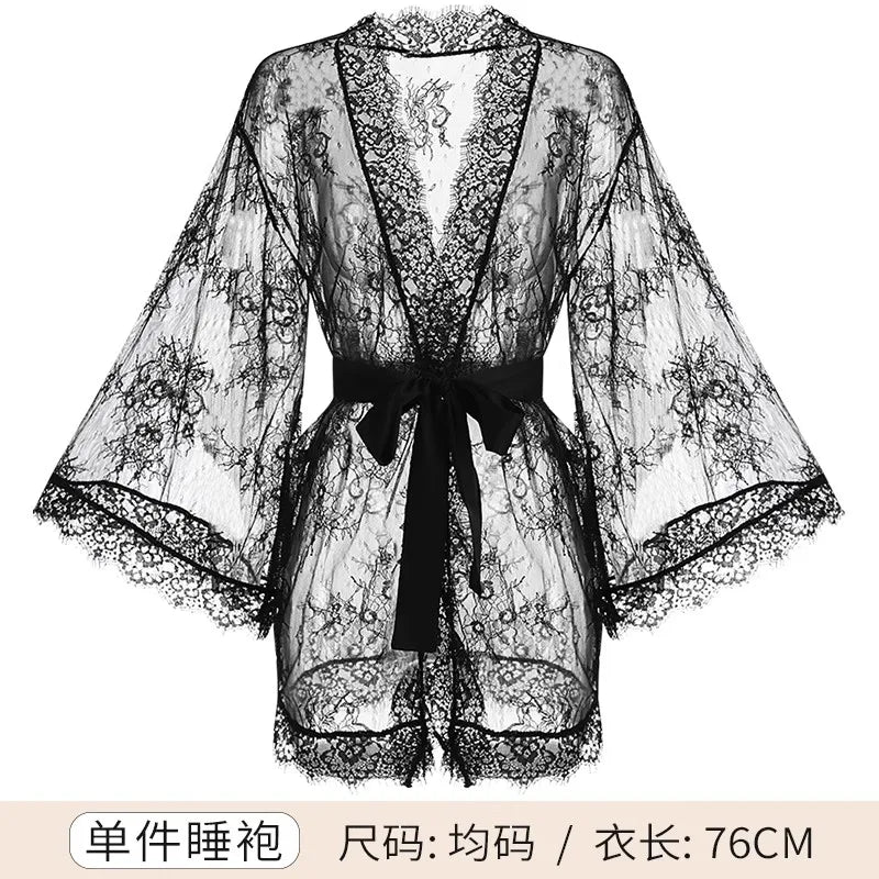 Black Satin Kimono Bridal Robe Lace Lingerie Women Sleepwear Pajamas Pure Ice Silk Wedding Morning Bathrobe Bridesmaid Robes