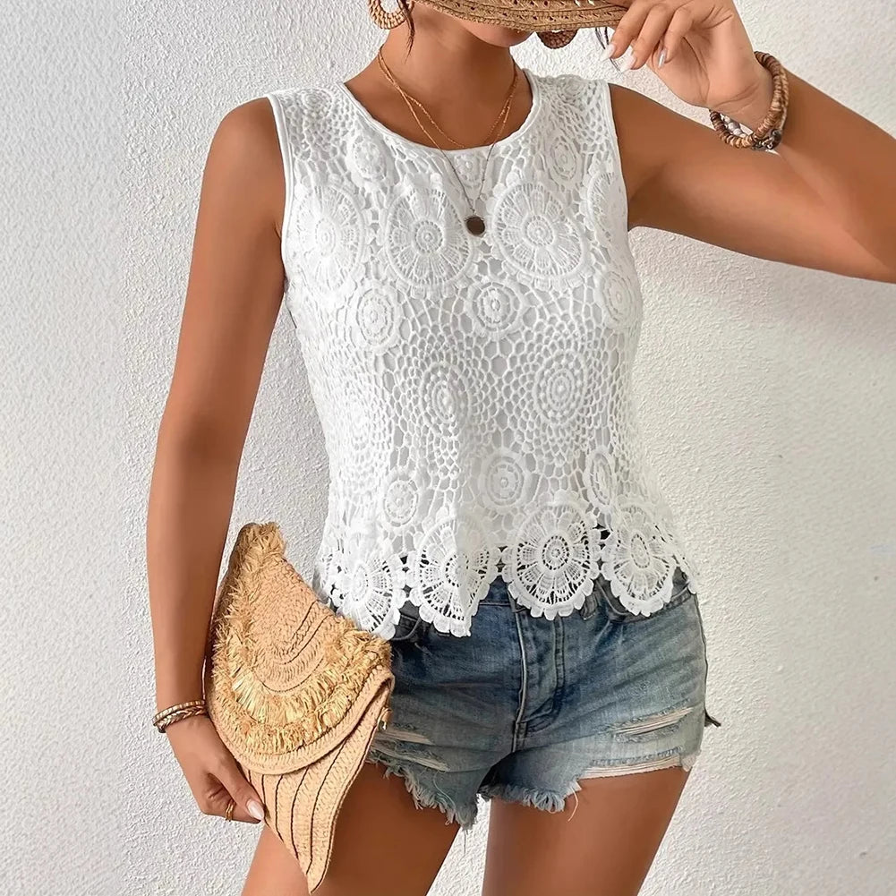 Casual Events XL L Casual Women Top Breathable Lace Summer Vest Breathable Fabric Breathable Vest Daily Wear Round Neck