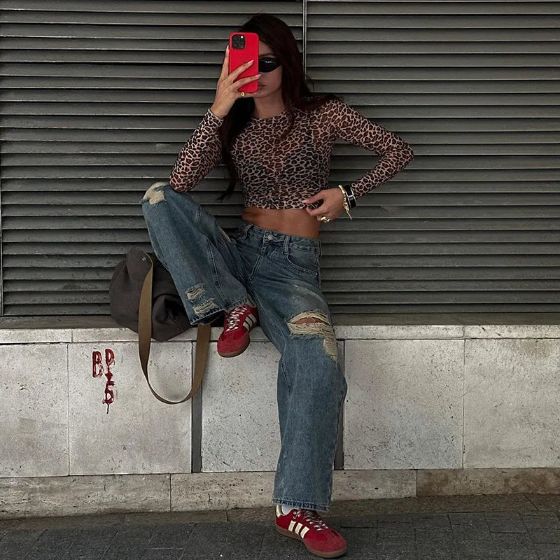 Ladies summer Leopard Print Clubwear Y2K Clothes Women Long Sleeve O-Neck Mesh See Through Slim T Shirt Holiday Streetwear Tees