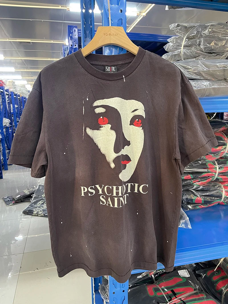 25SS Saint Cartoon Style Female Warrior Graphic T Shirts Street Fashion Men Short Sleeve
