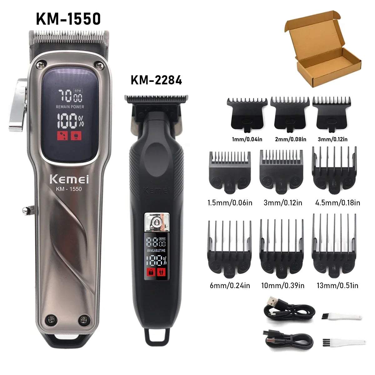 KEMEI Km-1550 Professional Hair Clipper for Men LED Display Low Noise Cordless USB Interface Hair Cutting Machine Hair Trimmer
