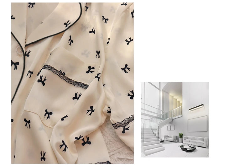 Sweet Cute Lace Flower Side Bow Print Women's Pajamas Simulated Silk Short Summer Cool Lady Lounges 2024 New Classy Y2k Homewear