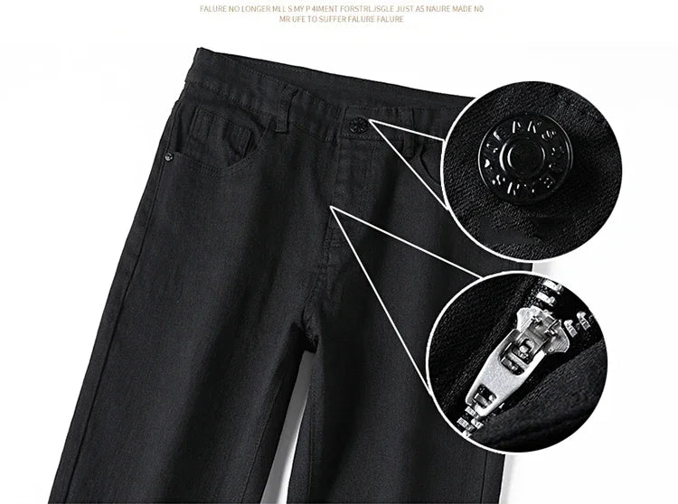 Men's Pure Black Slim Jeans Elastic Straight Pants Business Fashion Leisure Korean Vintage Skinny Small Feet Denim Pants Male