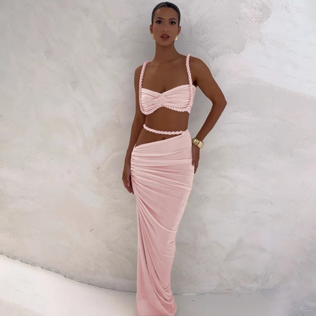 Ladies Summer Party 2 Piece Skirt Set Women Sleeveless Backless Crop Top Long Skirts Matching Sets Club Streetwear Woman Clothes