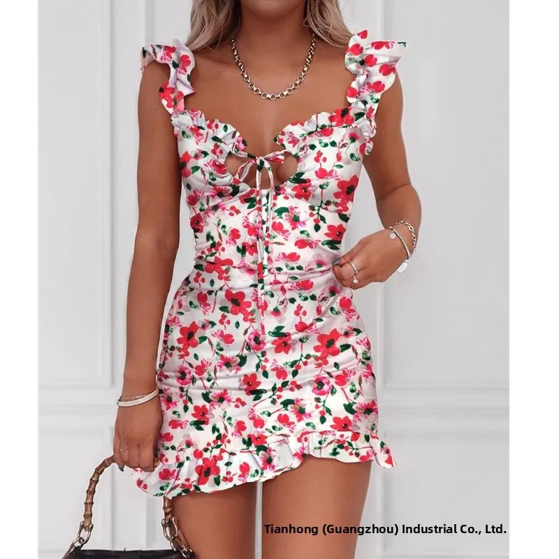 Floral Print ort Dr Women's Faion  Skirt Sle High Waist No Sve Floral ter Ne Gown Spring Season Polyeste...