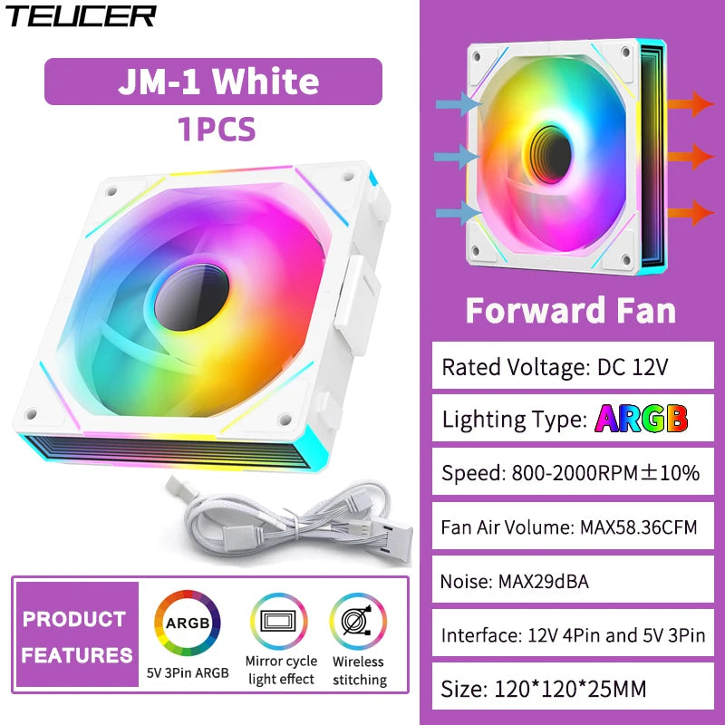 TEUCER 1PCS JM-1 PC Cooling Fan ARGB Mirror Cycle Light Effect 800-2000RPM PWM Water Cooling 360mm Cooler Fan