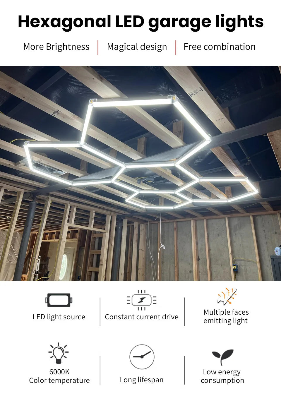 Honeycomb Led Lights Garage Light Ceiling Lighting AC85-265V Garage LED Tube Lights Hexagon For Auto Car Body Repair Workshop