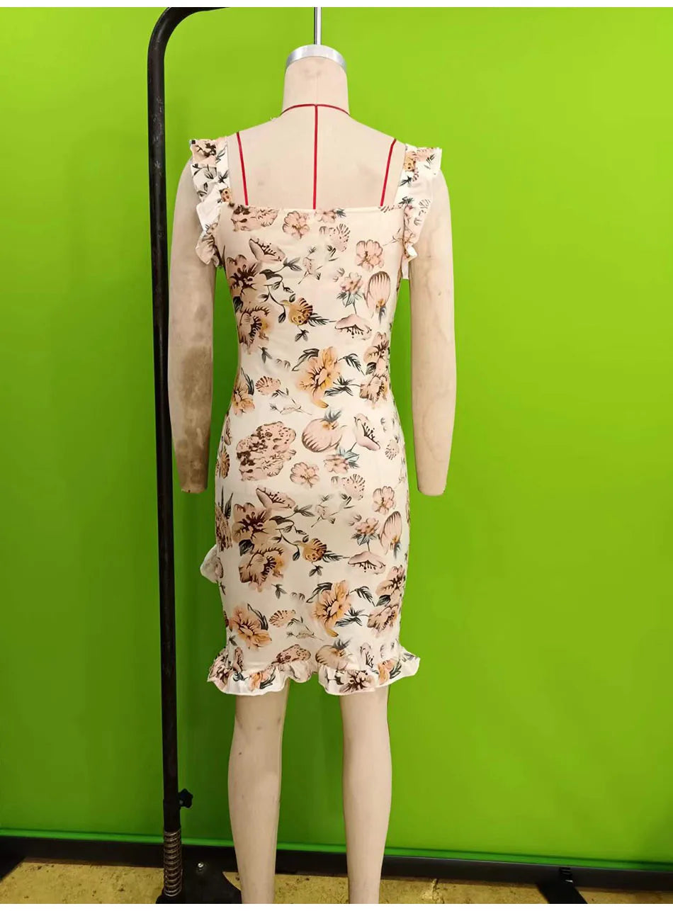 Summer Sexy Floral Bodycon Mini Dress Women 2024 Fashion Sleeveless Bandage Tunics Party Dresses Casual Red Ruffles Sundress