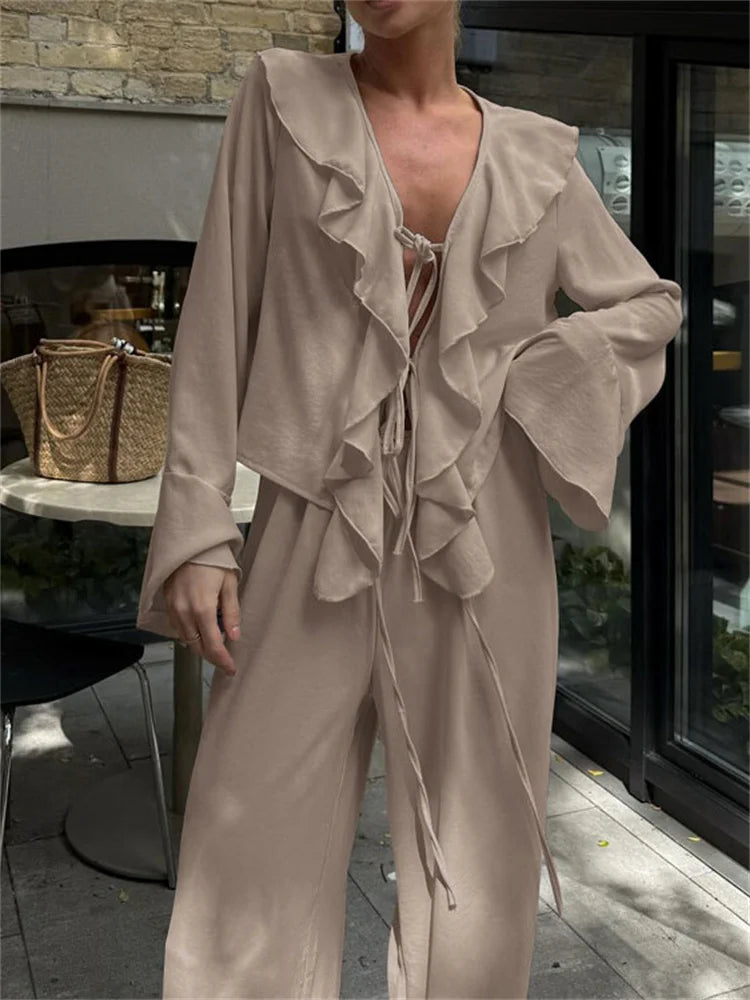 Tossy Ruffled Lace-Up 2 Piece-Set Women's Pants Hollow Out Loose Shirts And High Waist Straight Trousers Outfits Female Sets New