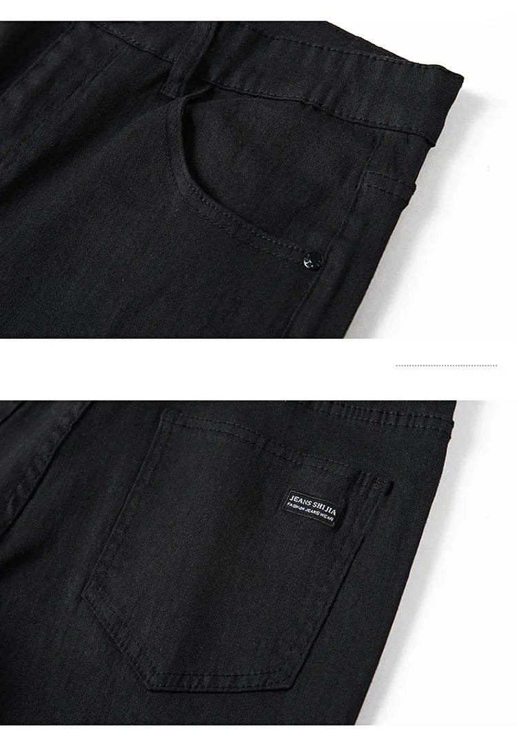 Men's Pure Black Slim Jeans Elastic Straight Pants Business Fashion Leisure Korean Vintage Skinny Small Feet Denim Pants Male
