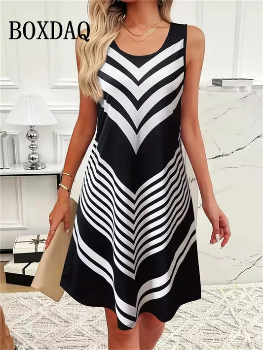 Striped Print Dresses Summer Elegant Women'S Clothing Fashion Loose Sleeveless A-Line Dress 2025 Sundress Casual Plus Size Dress