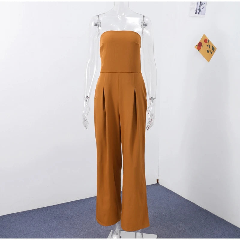 Sexy Backless Women's Jumpsuits Solid Off Shoulder Waist Cinching Pockets Wide Leg Pants Lady Bodysuit Summer Female Outwears