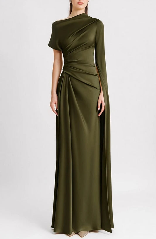 Women's Dress Solid Color Slanted Collar Raglan Sleeves Pleated Waist Long Skirt Temperament Commuting Retro Elegance Long Dress