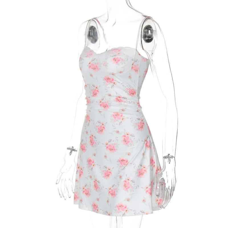 Ladies Summer Floral Print Fashion Beach Vacation Dress Women Sleeveless Backless Bodycon Mini Dresses Clubwear Woman Clothes