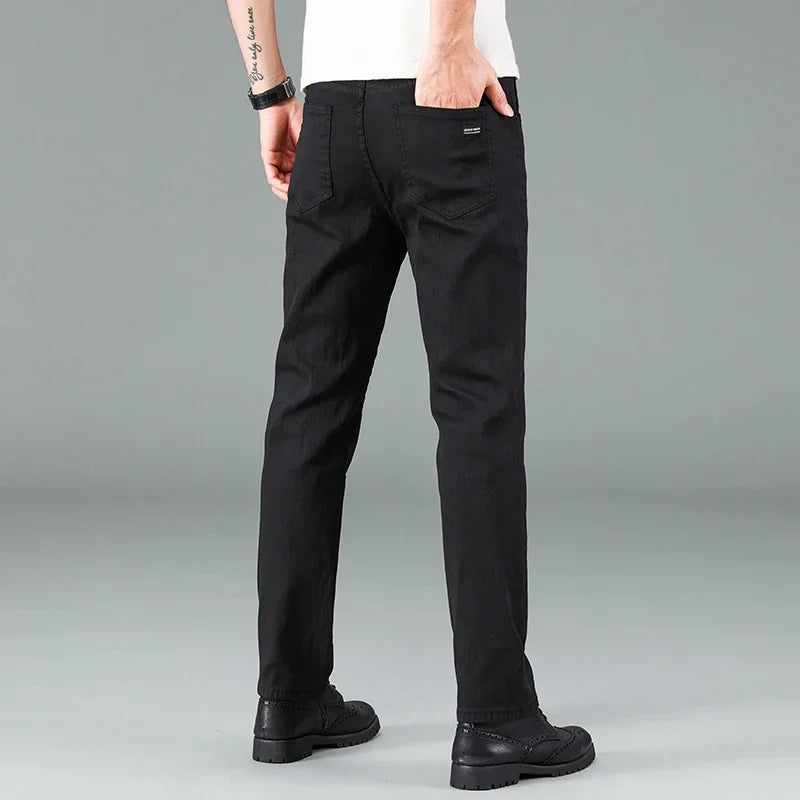 Men's Pure Black Slim Jeans Elastic Straight Pants Business Fashion Leisure Korean Vintage Skinny Small Feet Denim Pants Male