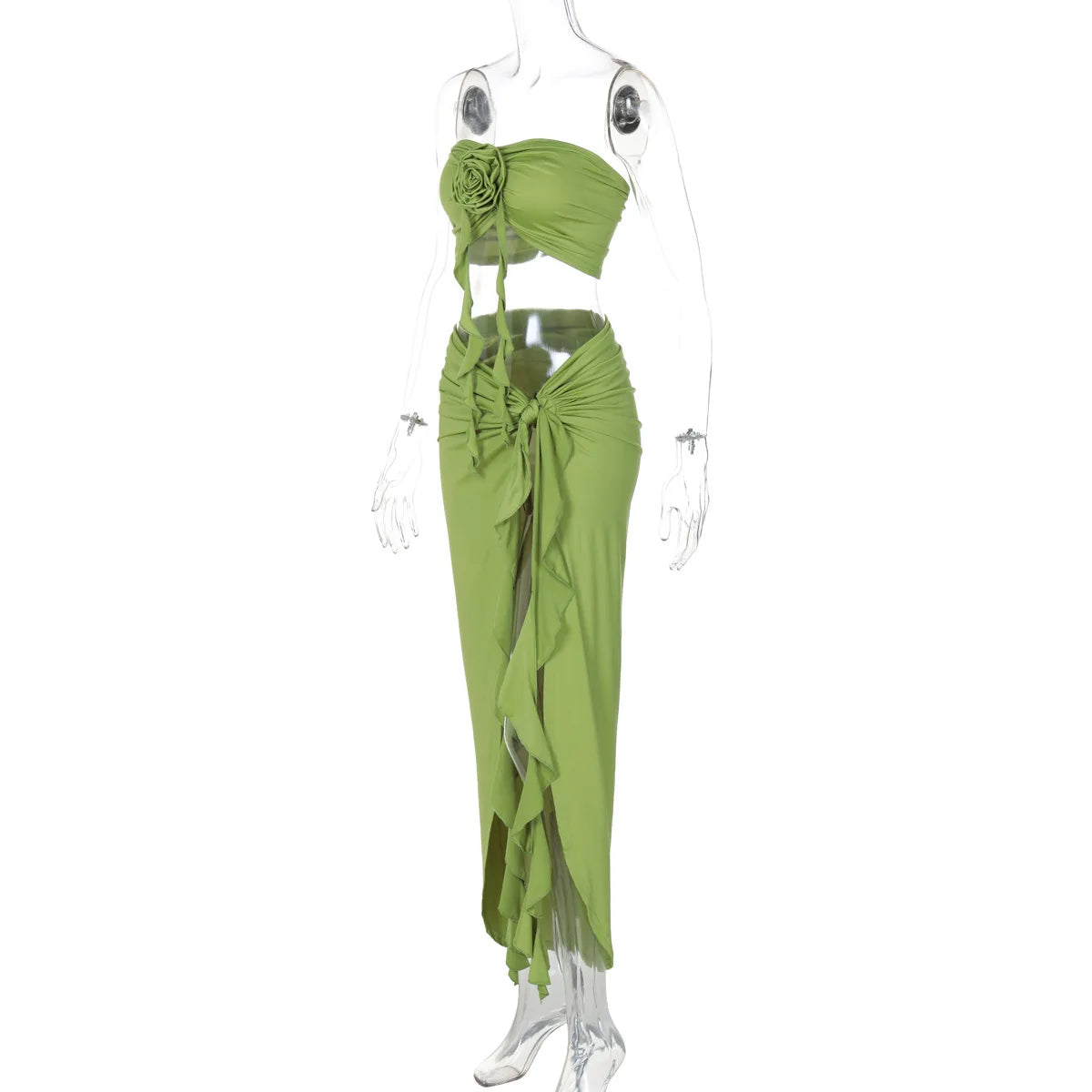 Ladies Matching Suit Applique Strapless Ruched Crop Top Ruffles Split Midi Dress Set Women Summer Party Club Y2K Fashion Outfits