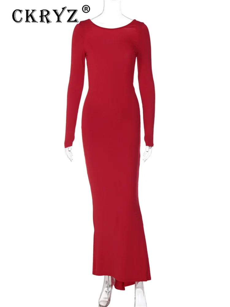 Ladies Autumn Elegant Evening Party Dress Women Long Sleeve Backless Ruched Fashion Long Dresses Woman Clothes Birthday Clubwear