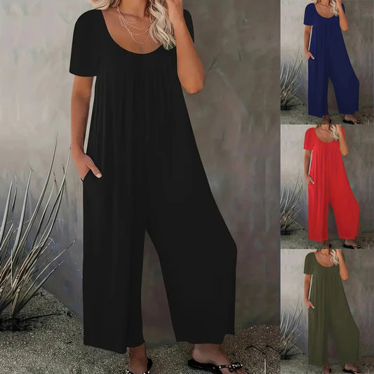 Plus Size 0XL-5XL Summer Rompers Overalls Women's Solid Color Jumpsuit with Pockets Casual Fashion Short Sleeve Jumpsuits