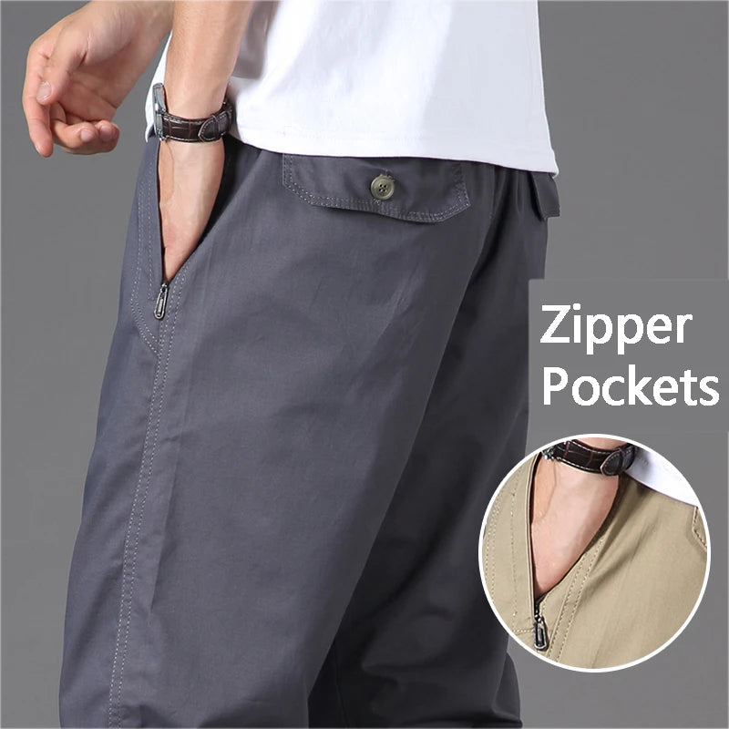 Mens Casual Pants With Zipper Pockets Cotton High Quality 2023 Summer Autumn Stretchable Waist Sports Work Utility Trousers