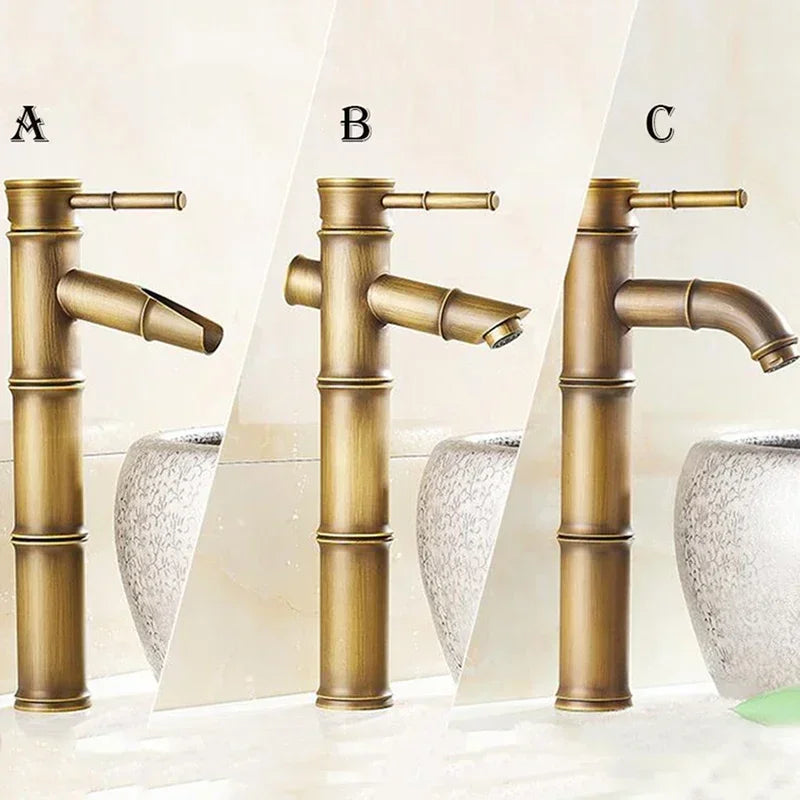 European Antique Bathroom Faucet Brass Basin Faucets Tap Tall Bamboo Hot Cold Water Kitchen Outdoor Garden Taps grifo lavabo