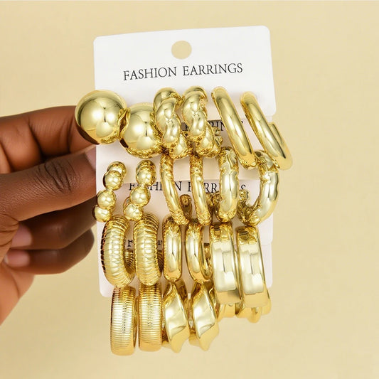 17KM 12 Pairs Trendy Gold Color Twisted C Shape Hoop Earrings Set for Women Fashion Metal Geometric Circle Earrings Jewelry Gift