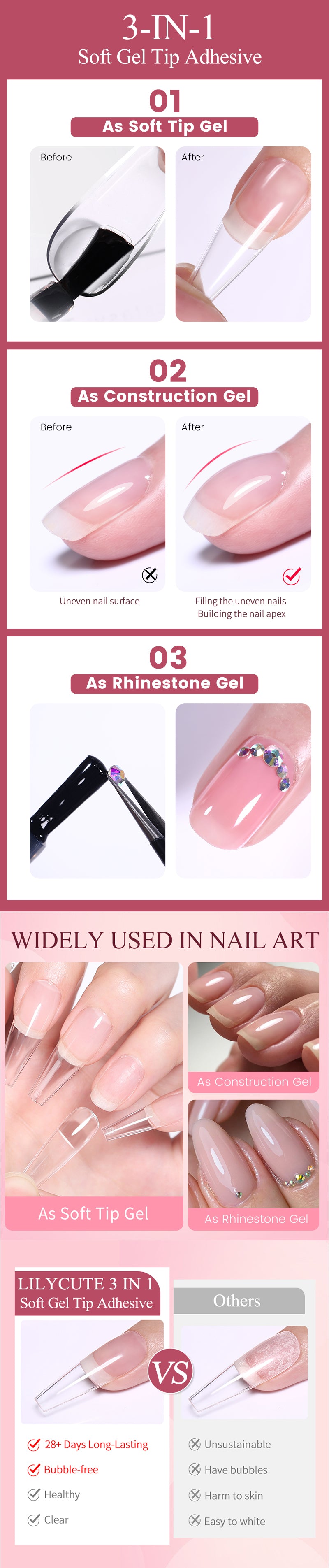 LILYCUTE 7ml 3 IN 1 Soft gel tips ADHESIVE Gel 24Pcs False Tips Extend Nails Function Gel Soak Off UV LED Nail Gel