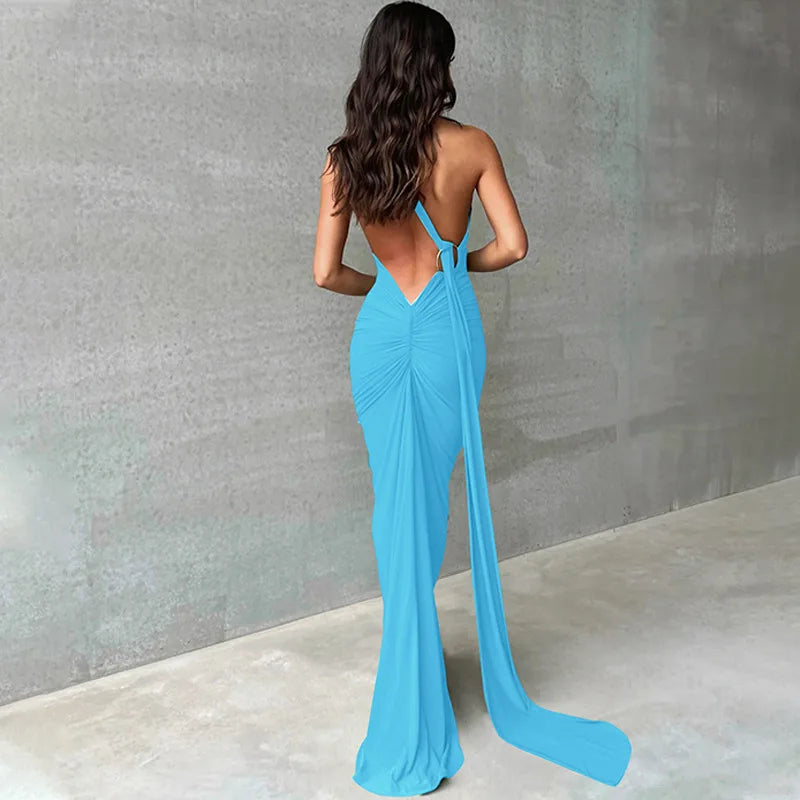 Ladies Summer Elegant Evening Party Dress For Women Sleeveless Backless Halter Sexy Long Dresses Woman Clothes Birthday Clubwear