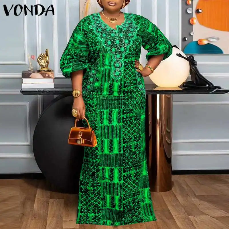 Plus Size 5XL VONDA Bohemian Summer Women Long Dress Printed Sundress Fashion Puff Sleeve V Neek Loose Casual Vestidos Robe