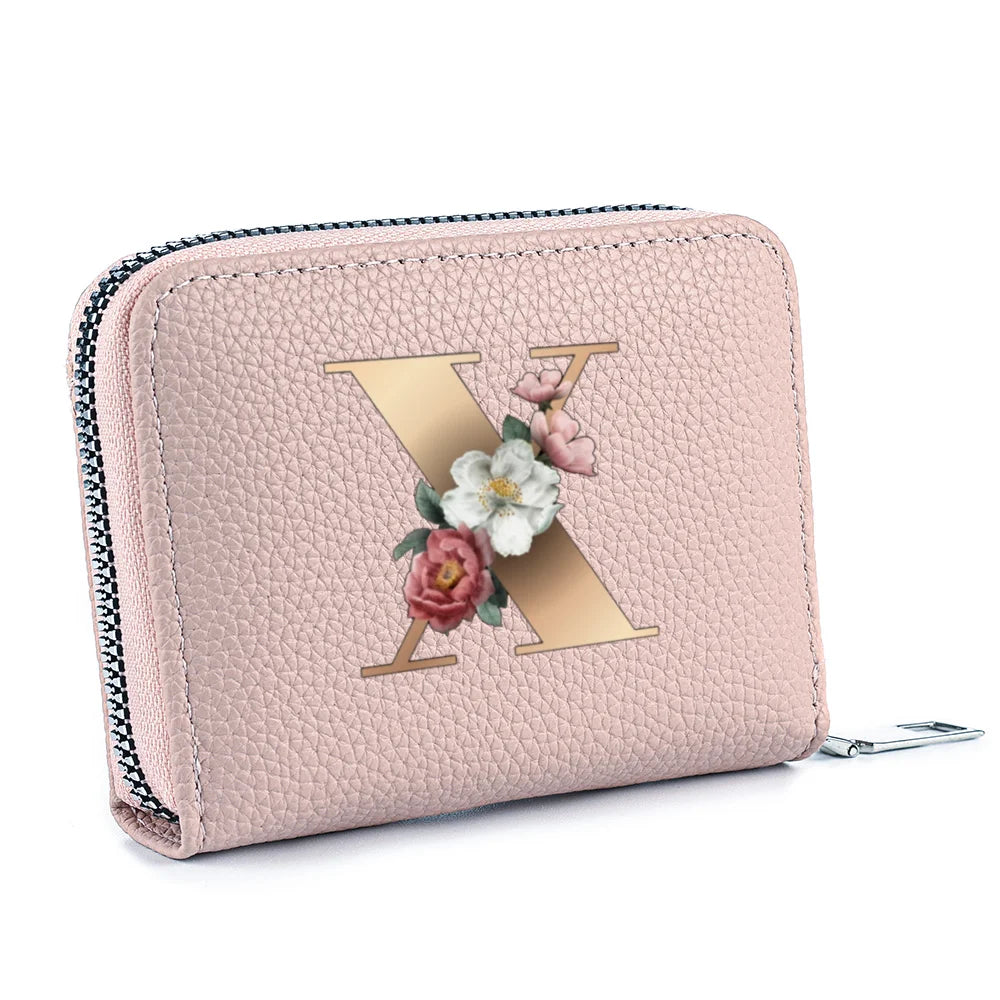 Fashionable Multi Functional 26-Letter Printed Pink Zipper Coin Purse And Credit Card Holder For Women