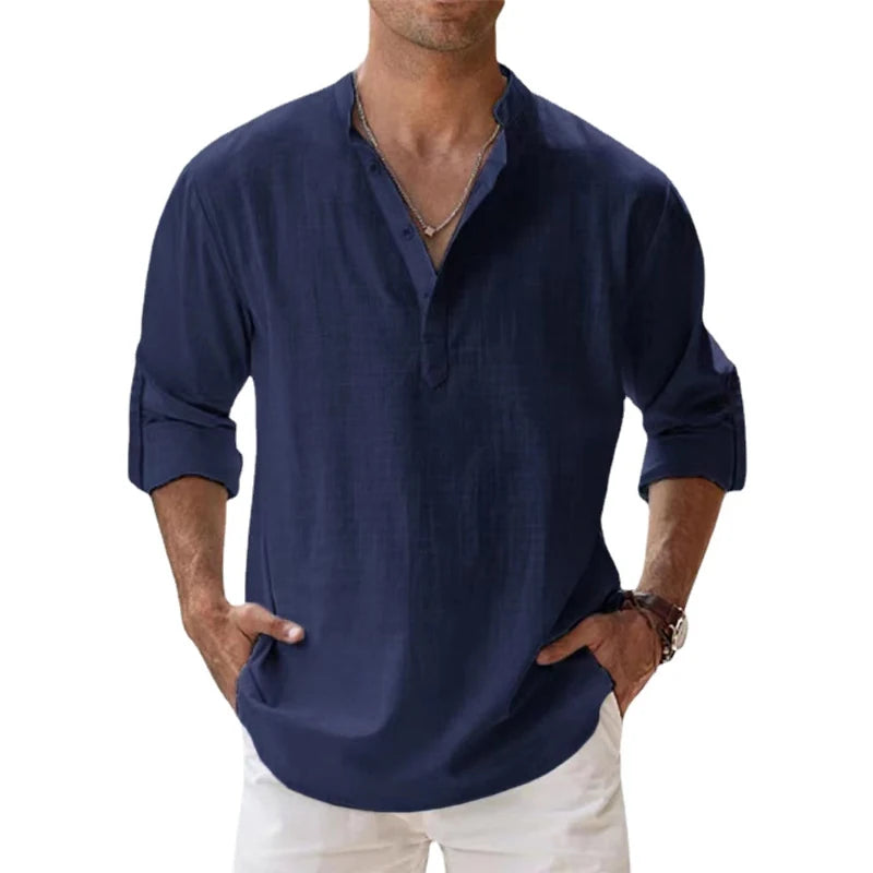 2023 New Men's Linen Long Sleeve Breathable Shirt Solid Color Casual  Basic Cotton Linen Shirt Tops  S-5XL