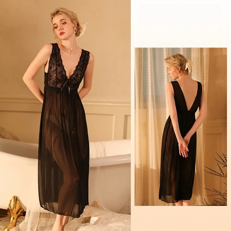 2025 Sheer Mesh Chemise Nightgown Adjustable Straps Full Length Lingerie Set Comfort Stretch Women Sleepwear Night Dress Woman
