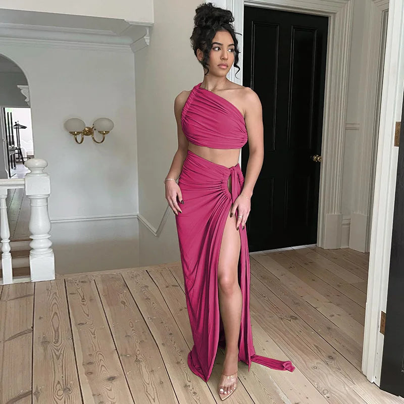 Ladies Summer 2 Pieces Set Women Sleeveless Backless Strap Spit Crop Top Side Slit Slim Long Skirt Evening Party Club Streetwear