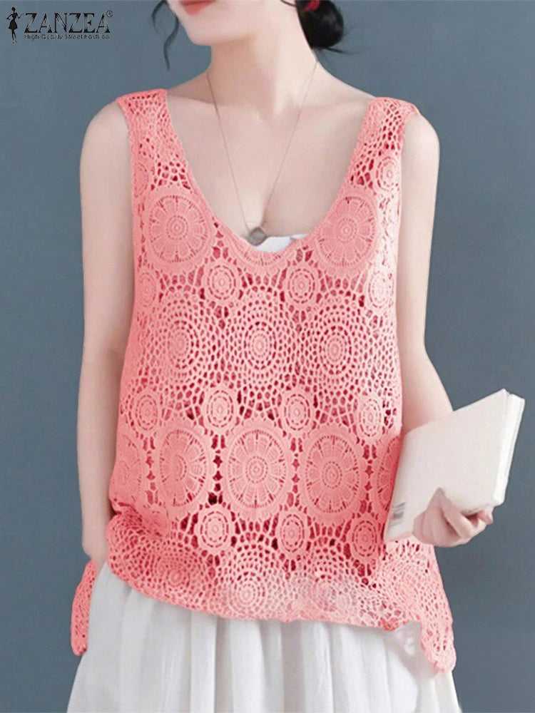 2025 Women Sleeveless Tanks Tops ZANZEA Summer Bohemain Lace Crochet Blouse Casual Loose Camis Fashion Holiday Beach Shirt Mujer