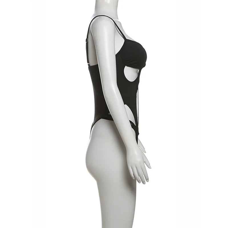 Sexy Women Bodysuit Cut Out Bodycon Jumpsuit Strap Cami Y2K Pure Aesthetic Tops Summer Sleeveless Solid Color Crop Outfit Tee