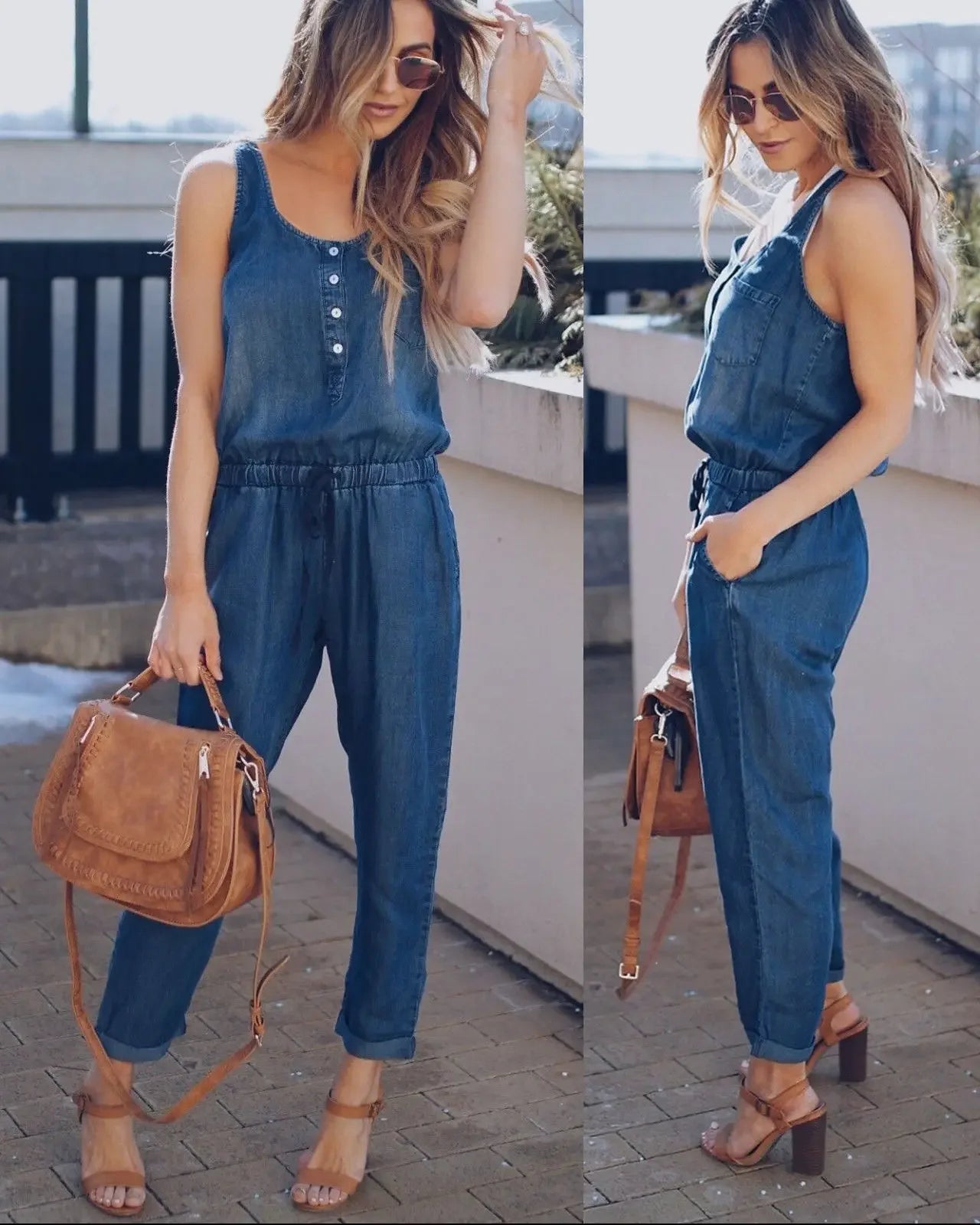 Summer Fashion Jumpsuit for Women Romper Overalls Single-breasted Casual Denim Trousers Sleeveless Ankle Pants Loose Jumpsuits