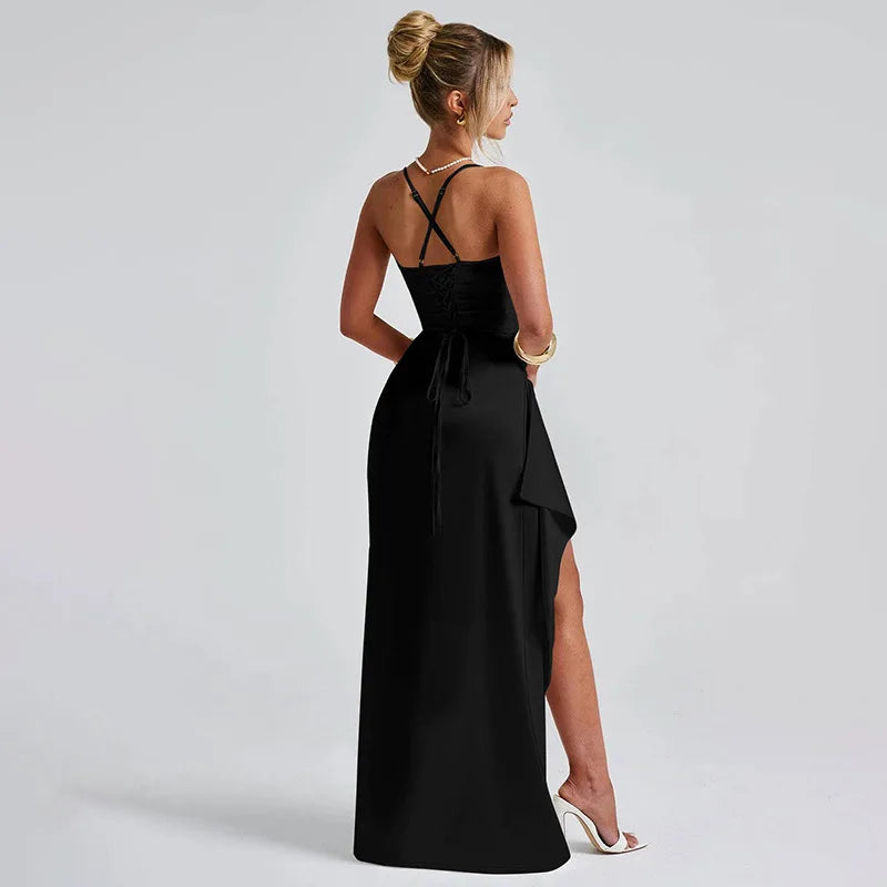 Ladies Summer Satin Fashion Evening Party Dress Women Sleeveless Backless Side Slit Long Dress Birthday Clubwear Woman Clothes