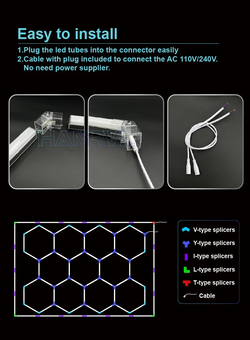 LED Hexagon Connector Cable DIY for Honeycomb Lamp AC110V-240V Barbershop Esports Workshop Garage 4S Car surface Lighting