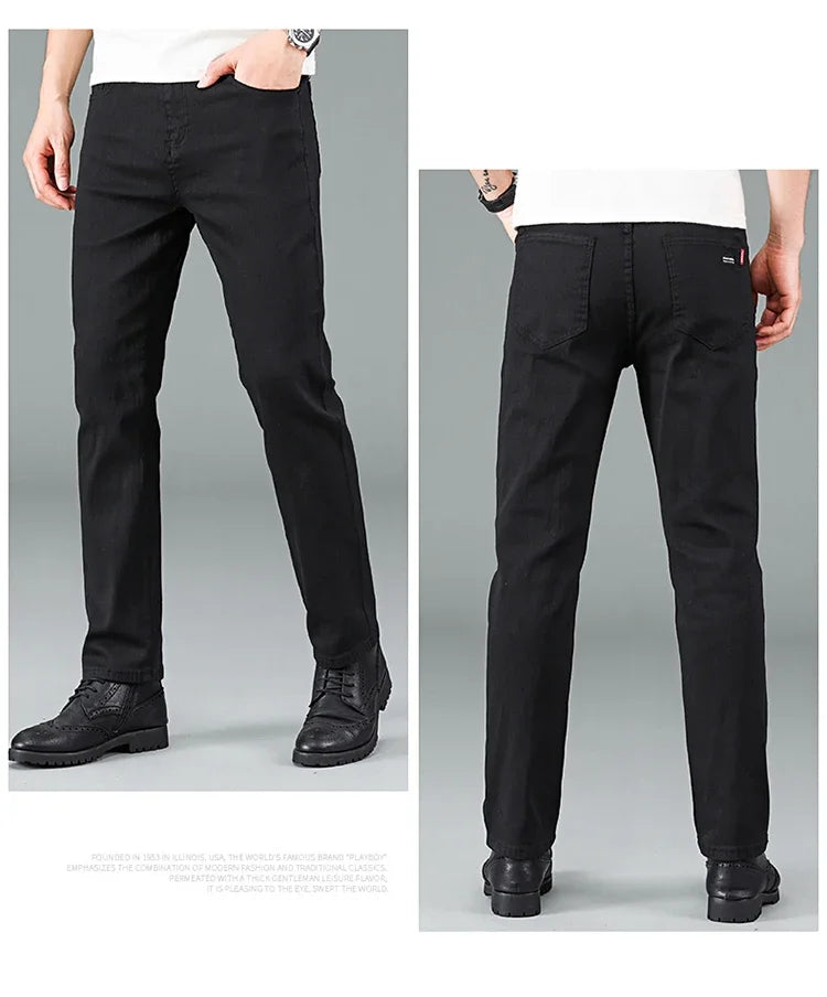 Men's Pure Black Slim Jeans Elastic Straight Pants Business Fashion Leisure Korean Vintage Skinny Small Feet Denim Pants Male