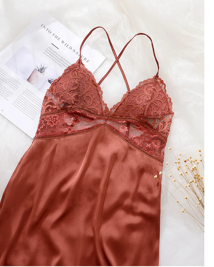 with Chest Pad Sleepwear Dress Backless Strap Nightgowns Lace Hot Temptation Vintage Nightgowns V-neck Nightwear Silk Homewear