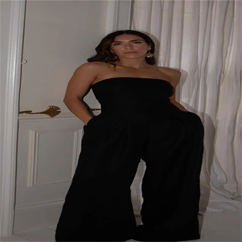 Sexy Backless Women's Jumpsuits Solid Off Shoulder Waist Cinching Pockets Wide Leg Pants Lady Bodysuit Summer Female Outwears