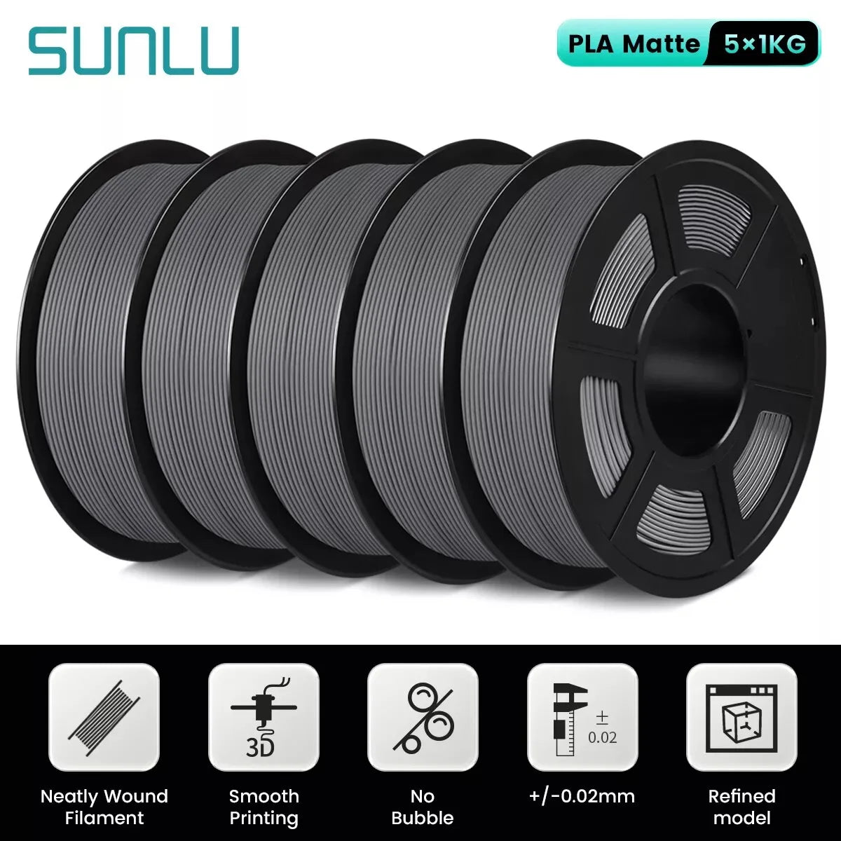 SUNLU 5Roll PLA Matte Filament 1.75mm 1kg Spool (2.2lbs) Smooth Matte Finish Neatly Wound Filament Fit Most FDM Printer