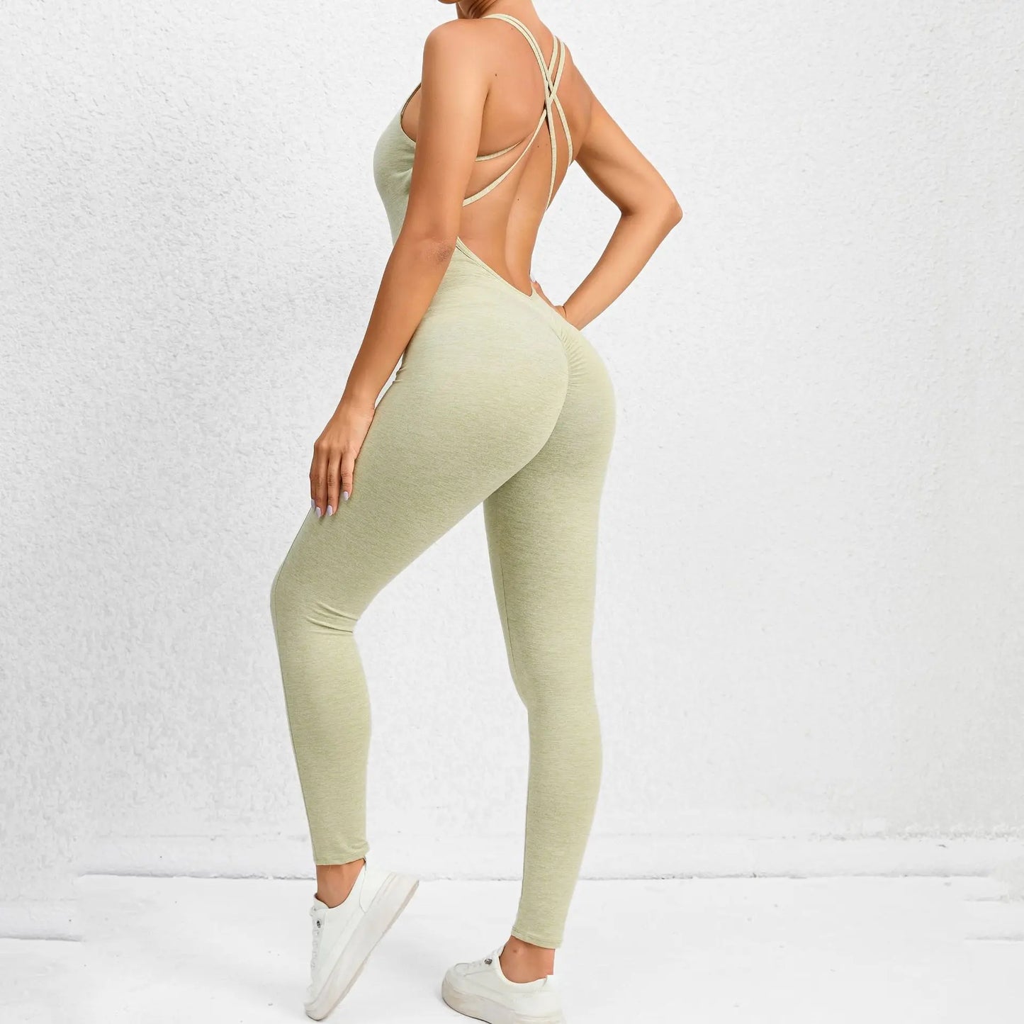 Sexy Backless Bodycon Scrunch Jumpsuit Raises Butt Women Dance Fitness Overalls for Women Sleeveless Yoga Sport Jump Suit Black